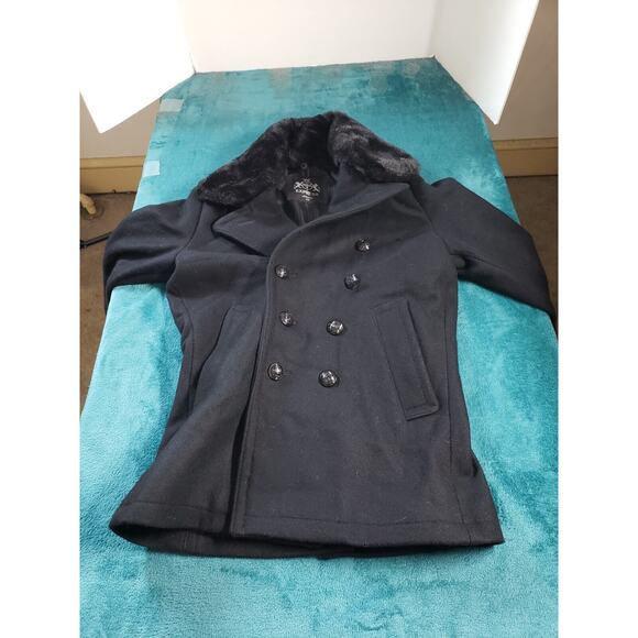 Express Jacket Coat Sz Small Womens Black Double Breasted Fur lining Wool Blend - Picture 2 of 8